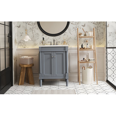 Meuble-lavabo 24 po avec lavabo supérieur, meuble de rangement moderne à 2 niveaux, meuble-lavabo simple, grandes tablettes de rangement