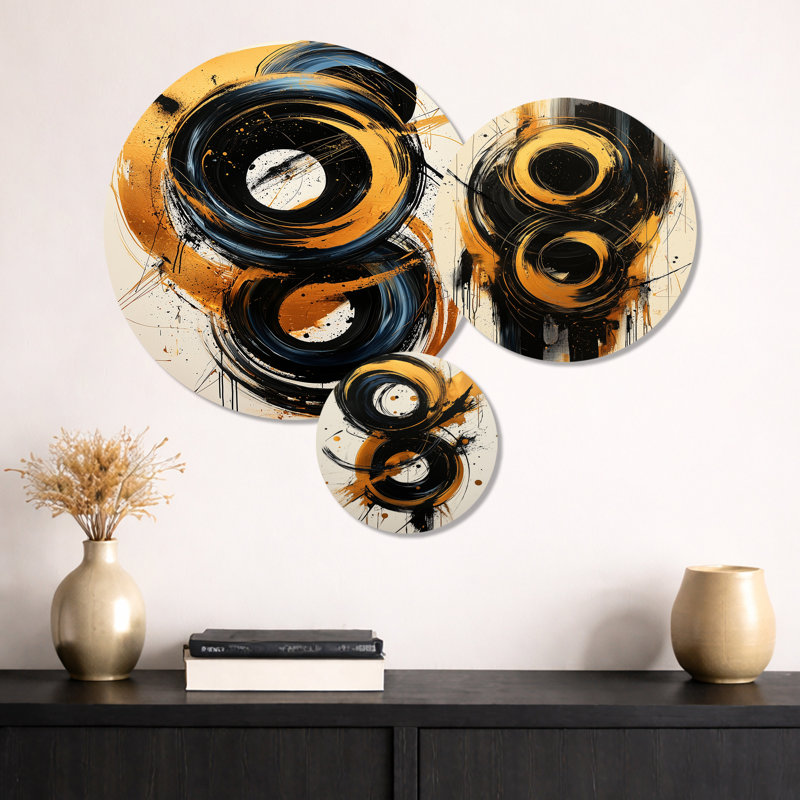 Abstrait cercle en tons de bleu et d'or I - impression géométrique murale en métal 3 pièces
