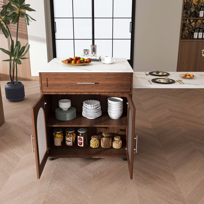 80-Inch Expandable Kitchen Island With Dining Table, Marble-Grain Countertop With Power Outlet, Mobile Storage Cart With Cabinet & 2 Drawers, Walnut Finish Kitchen Prep Table