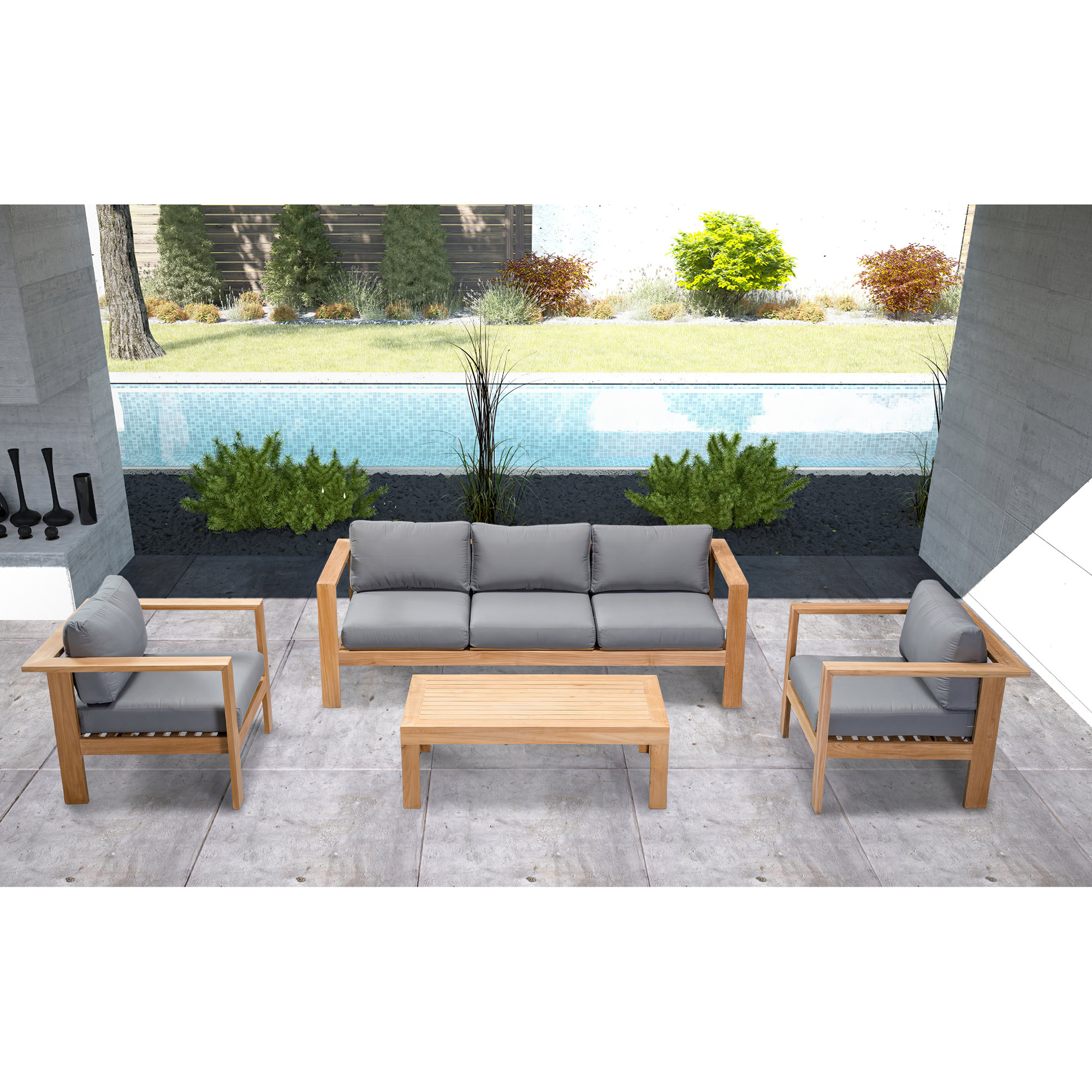 Sonoma 4 Piece Teak Outdoor Seating Group with Sunbrella® Cushions, Canvas Charcoal Sunbrella® Canvas