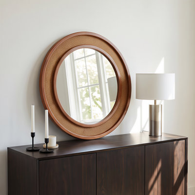 24" Round Rattan Wall Mirror in Dark Walnut, Solid Wood Frame with Woven Inlay Boho Traditional Vanity Mirror for Bathroom, Entryway, Living Room