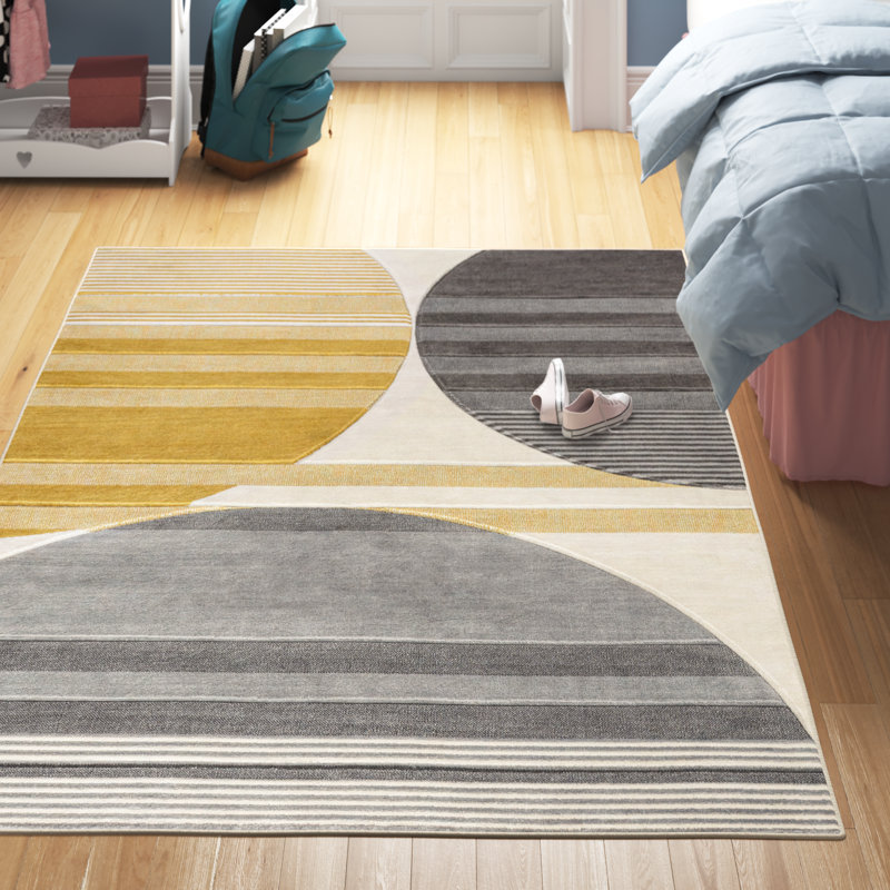 Ascher Geometric Striped Circles Gray/Yellow/Cream Rug, null