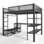Lit mezzanine en métal avec tablettes de rangement, tringle à vêtements et bureau intégré, aucun sommier nécessaire