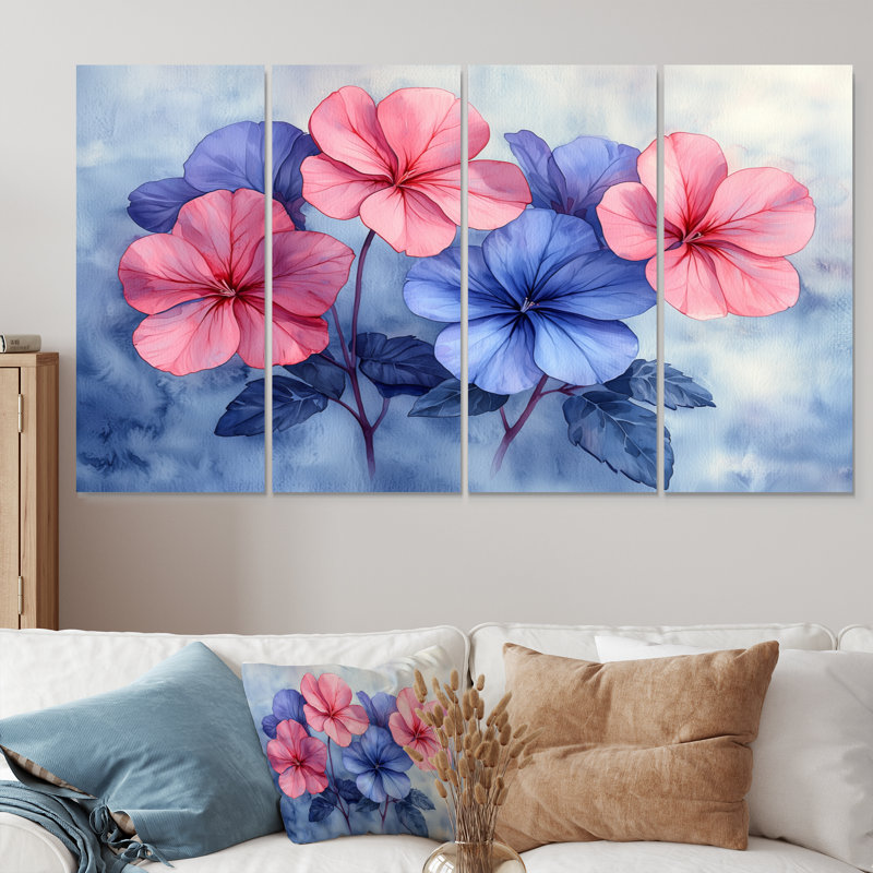 Aquarelle de géraniums à l'aquarelle bleue - Art mural géraniums - Art mural traditionnel, H 32 po x l 64 po, 4