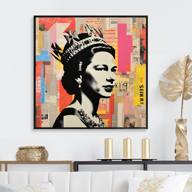 Coloré popart iconique, reine du Royaume-Uni 3 - Art mural célébrité, Cadre flottant noir, H 36 po x l 36 po x P 1,5 po