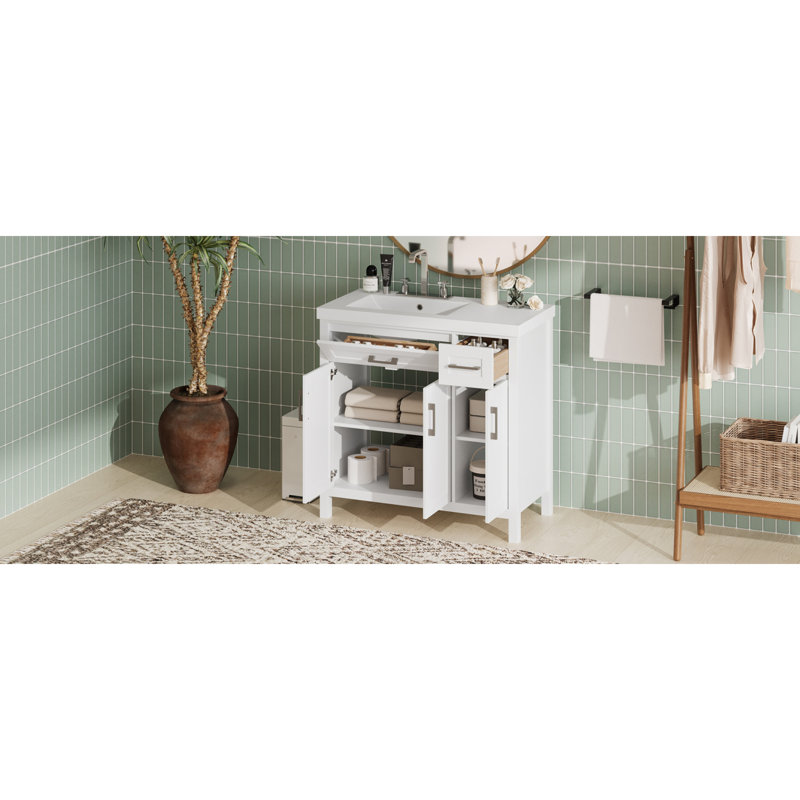 Meuble-lavabo chic de 36 po avec lavabo en résine intégré, 2 tiroirs spacieux et 3 portes