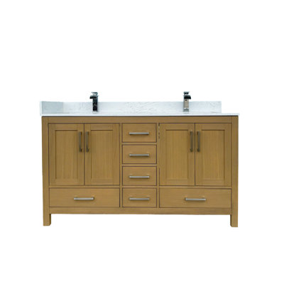 Meuble-lavabo de salle de bain de 152 cm (60 po) en chêne du désert avec double lavabo, trou pour robinet, 4 portes et 6 armoires, comptoirs en céramique, silencieux, vasques de rangement en contreplaqué de bois massif, durable.
