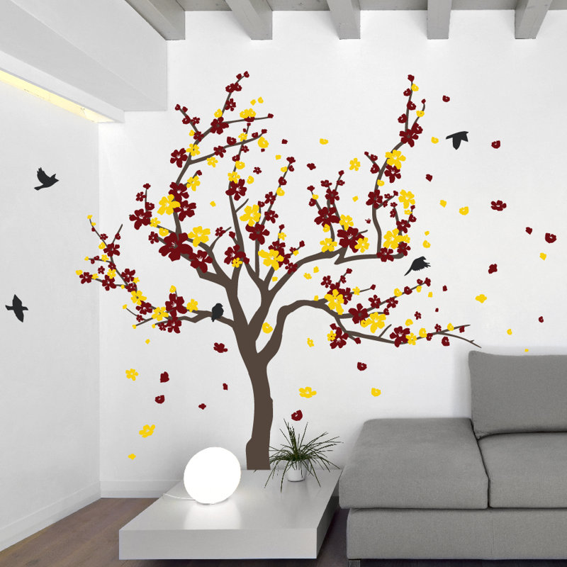 Adhésif décoratif cerisier japonais, Bourgogne / Jaune, H 60 po x l 90 po x P 0,01 po