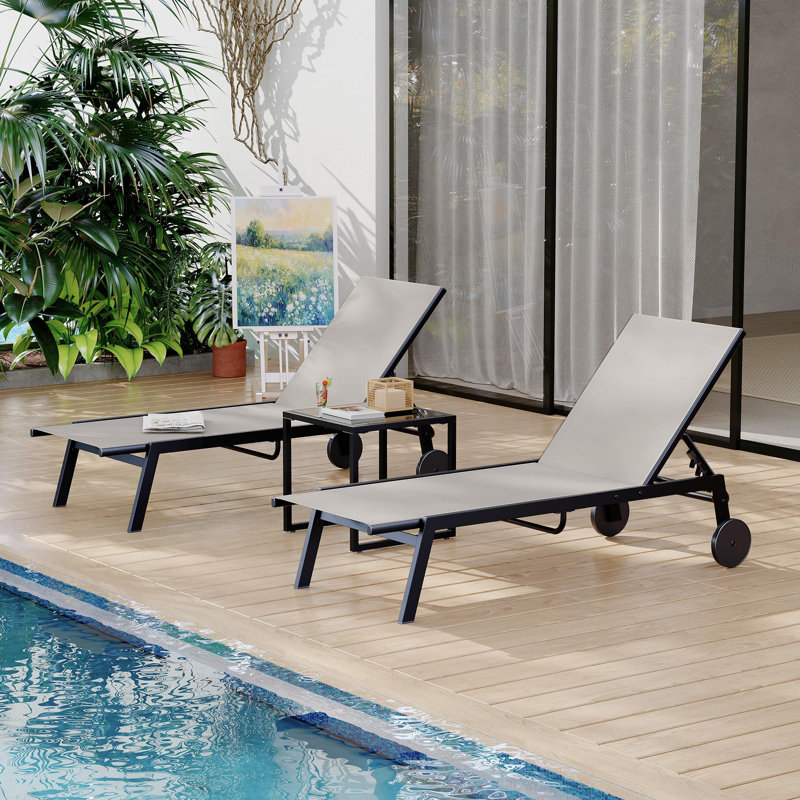 Ensemble de chaises longues d'extérieur 3 pièces avec chaises inclinables à 5 positions et table d'appoint, chaises longues de piscine avec roues pour patio de jardin