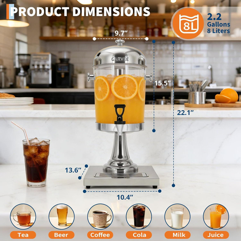 Distributeur de boissons en acier inoxydable 2,2 gallons - carotte de glace, support, robinet et égouttoir pour les fêtes