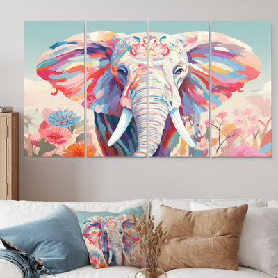 Éléphant rose rétro, portrait floral II - éléphant, art mural animalier pour le salon, 4 pièces