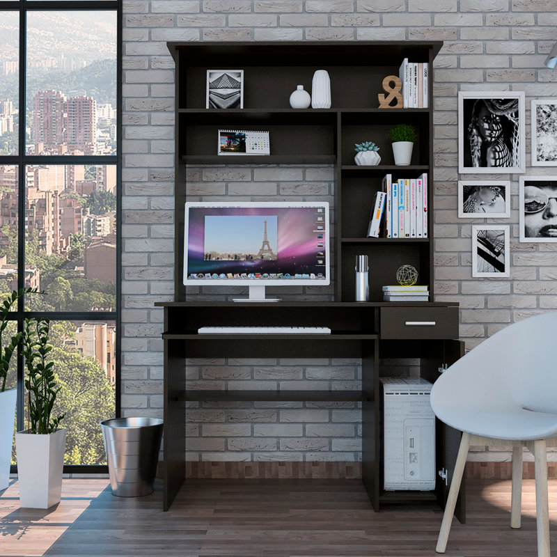 Wenge 2-Drawer 7-Shelf Computer Desk With Hutch, Maximizing Storage And Organizational Efficiency For Modern Workspaces