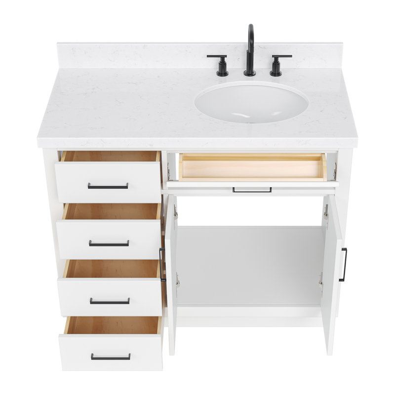 Meuble-lavabo simple en bois massif 42 po Tidworth avec plateau en quartz Carrara de 1,5 po, Blanc, Ovale, Oui