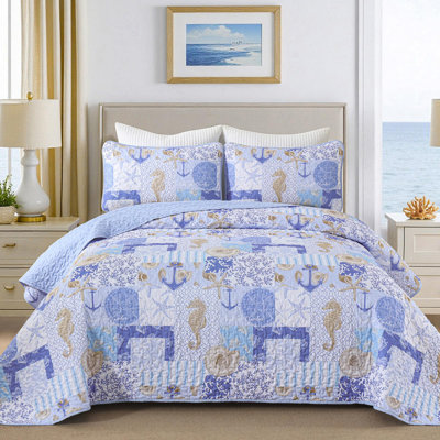 Ensemble de courtepointe 3 pièces nautique réversible avec taies d'oreiller, couvre-lit léger en patchwork, literie en microfibre toutes saisons respirante