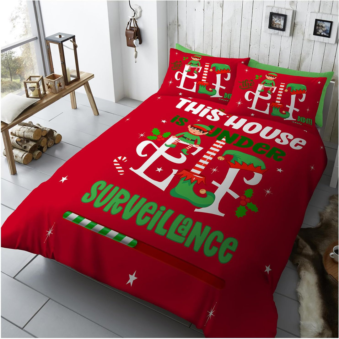 MICROFIBER XMAS PRINTED DUVET SET ELF SURVELLIANCE KING MULTI