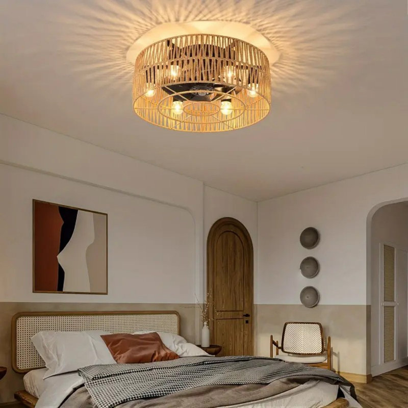19" Boho Ceiling Fan With Light - Flush Mount Rattan Farmhouse Fan & LED Lamp, Remote Control For Bedroom Decor, Living Room | Home Decor & Room Decor (Low Profile, Enclosed Bamboo Ceiling Fan)