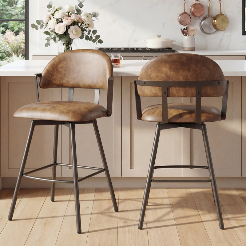 Tabouret de comptoir pivotant rembourré avec structure en métal, Brun, Ensemble de 2