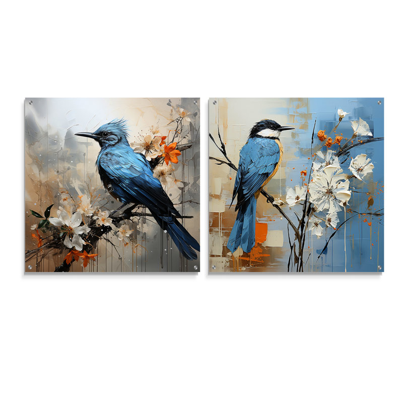 Oiseau bleu, minimalisme, fleurs blanches, oiseau, H 16 po x l 33 po