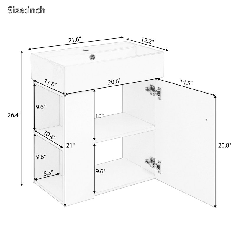 21.6" Floating Bathroom Vanity Sink Combo, Modern Wall Mounted Bathroom Storage Cabinet Set w/White Ceramic Basin Sink Top & Open Shelf for Small Space