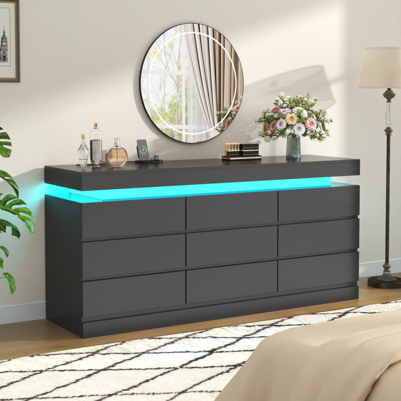 Black 9 Drawers Dresser For Bedroom With Charging Station And LED Lights, Black