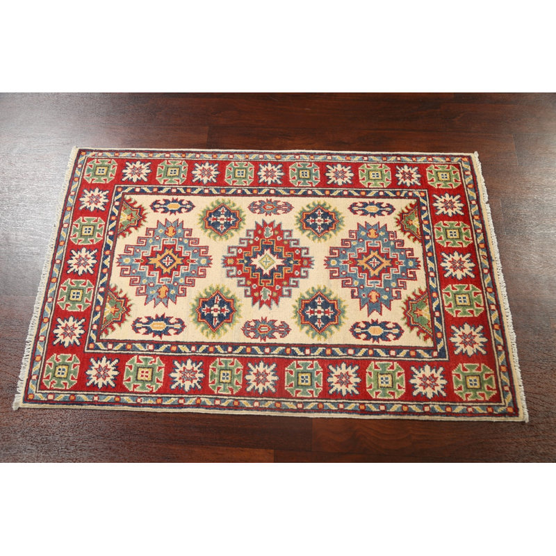 Tapis beige / rouge en laine noué à la main de conception unique 2 pi 8 po x 4 pi 3 po New Age