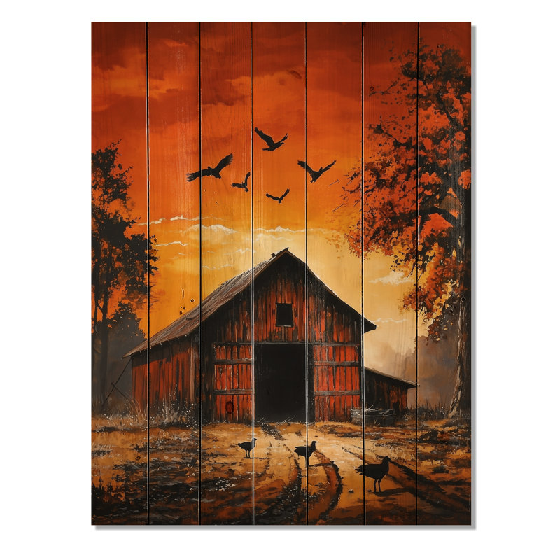 Rustique grange coucher de soleil - campagne paysage mural en bois sur bois de pin naturel, H 44 po x l 34 po