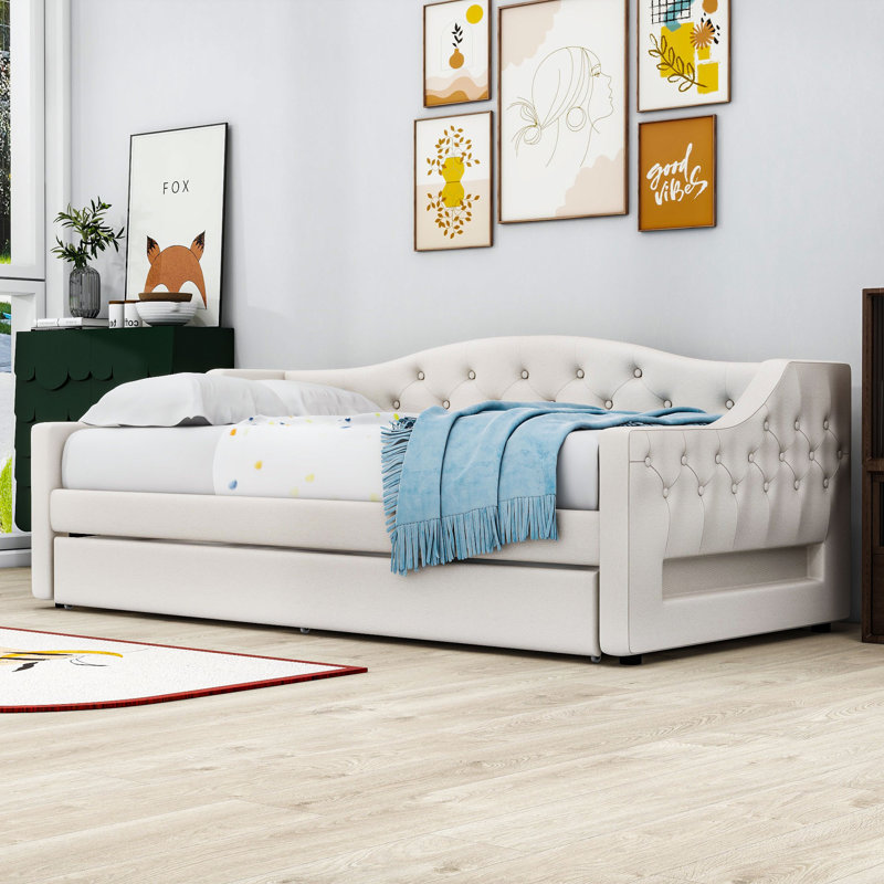 Tyanne Twin XL Upholstered Daybed with Vibrant LED Lighting and Pull-Out Twin XL Trundle, Beige