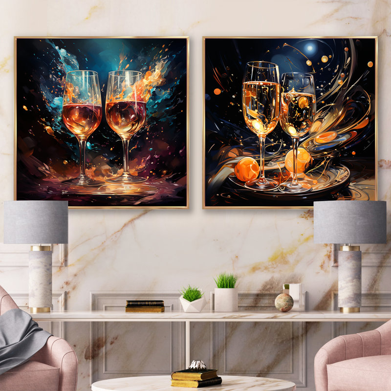 Joyful Bubbles - Ensemble de 2 collages carrés vin et champagne, Cadre flottant doré, H 30 po x l 61 po