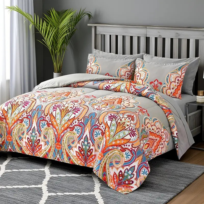 Ensemble d'édredon pour lit simple, 2 pièces, motif boho, gris avec motif floral arc-en-ciel | Idée de cadeau