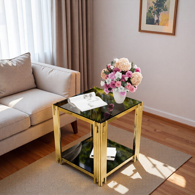 Table de bout moderne carrée avec plateau en verre trempé, tablette inférieure et structure asymétrique en métal, Noir