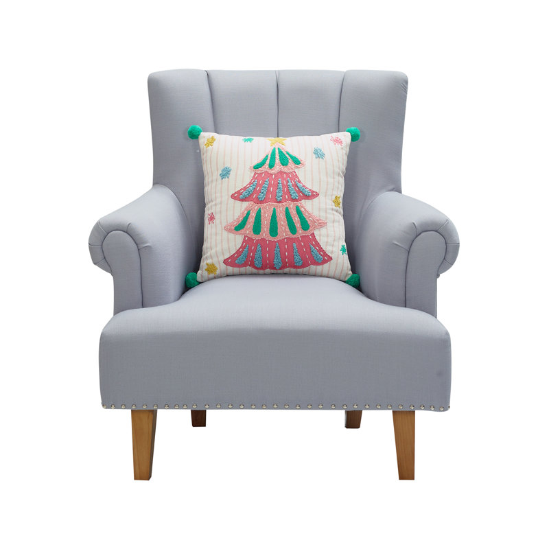 Coussin brodé sapin Holiday Bright avec pompons, Arbre