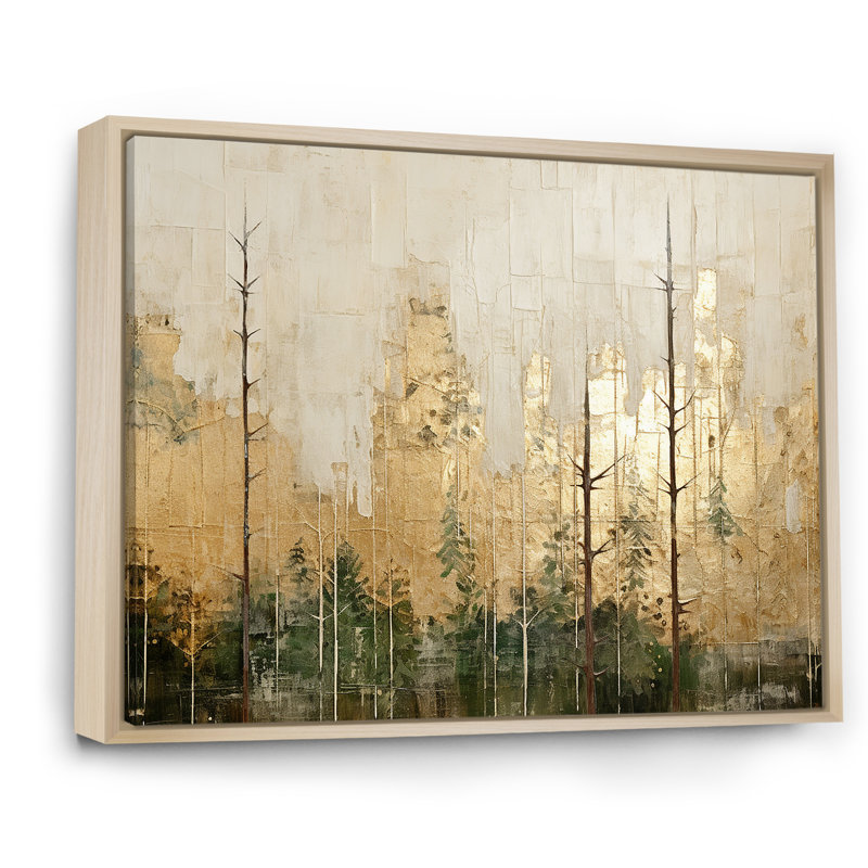 «Minimalisme beige et or forêt I», art mural sur toile forêt, H 16 po x l 32 po x P 1 po, Cadre naturel flottant