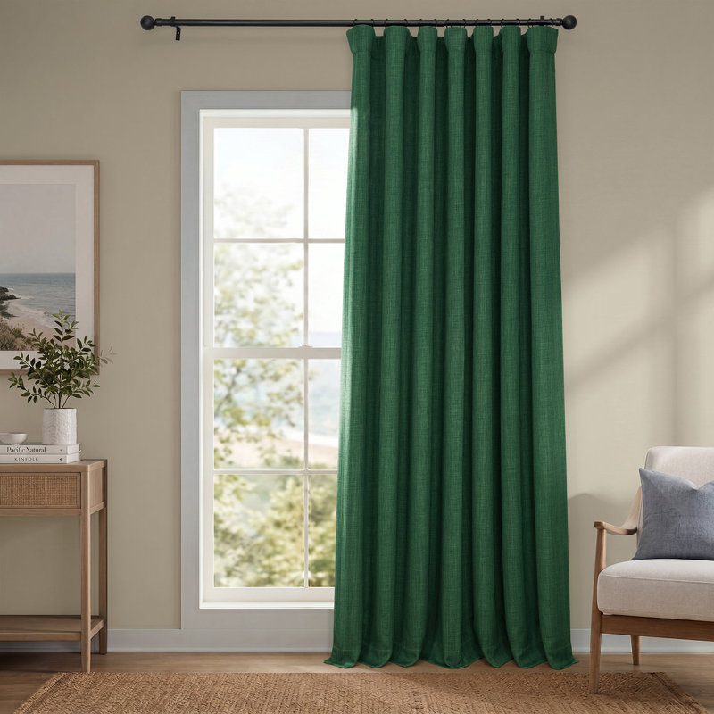 Ottis Faux Linen Room Darkening Curtain Panel, 100" W x 108" L, Key Green