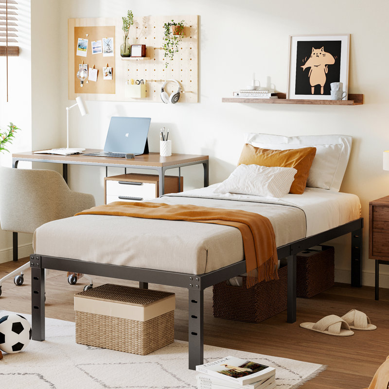 Amylia 18 Inch Metal Iron Platform Bed Frame, with Wood Slat Support, Heavy Duty Mattress Foundation, Noise Free,Single Beds for Kids, Teens & Students - Compact Space-Saving Design with Frame, Ideal for Dorms, Small Apartments & Guest Rooms,Twin