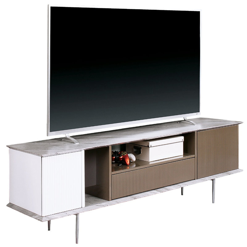 Console de télévision contemporaine avec glissières à roulement, conception en marbre reproduit, tablettes ouvertes et finition gris blanc brillant en champagne, avec un tiroir, marbre et pieds en acier