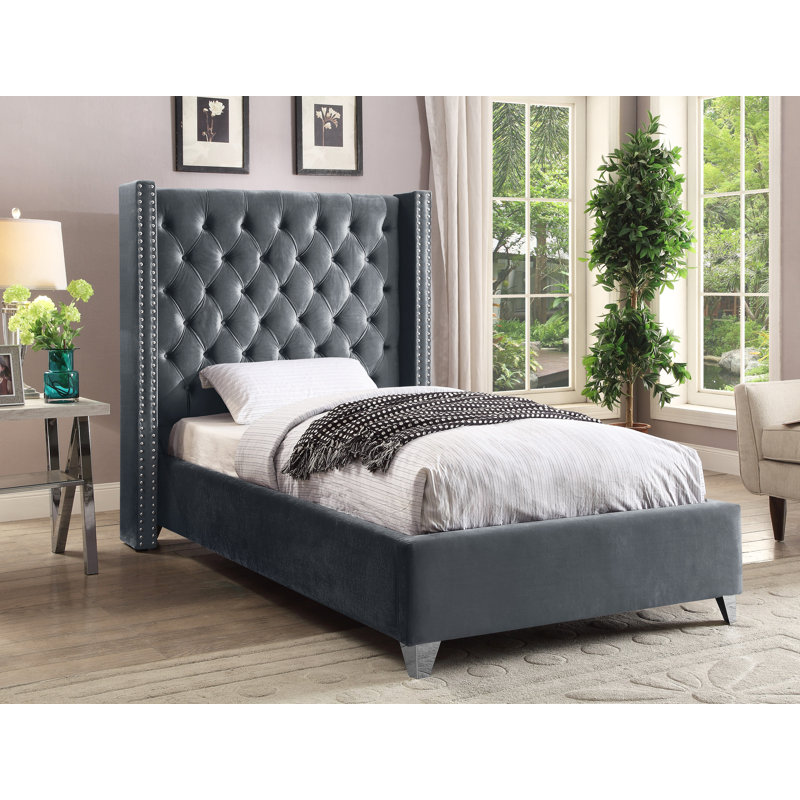 Joclynn Upholstered Wingback Bed, Twin, Grey Velvet, Chrome