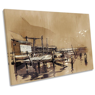 Fishing Village Pier Sketch - Wrapped Canvas Print