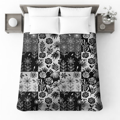 Black White Floral Pattern Quilted Bedspread All Sizes