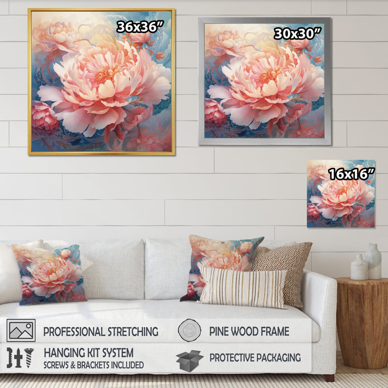 «Pink Peony Visons I», reproduction sur toile, H 16 po x l 16 po x P 1 po, Cadre flottant noir