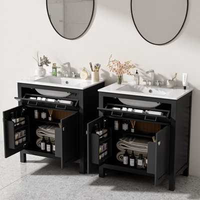 Ensemble de meuble-lavabo moderne 60 po noir avec lavabos doubles - 2 lavabos séparés, 4 portes à fermeture en douceur, 2 tiroirs rabattables et tablettes réglables en forme de U - Lavabos doubles en céramique, Organisateurs de porte - Autoportant pour les salles de bain spacieuses