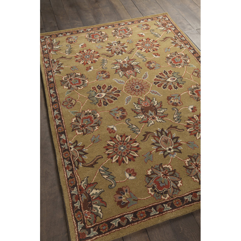 Tapis traditionnel en laine touffeté à la main vert olive, brun, rouge rouille et bleu ardoise Enna, 5 pi x 7 pi