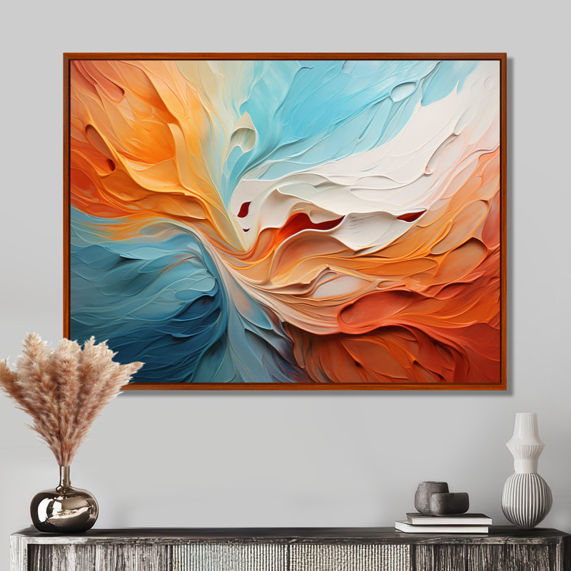 Teal Orange Bold Abstract Flow Collage I - Dams Wall Art, 16" H x 32" W x 1" D, Brown Floater Framed