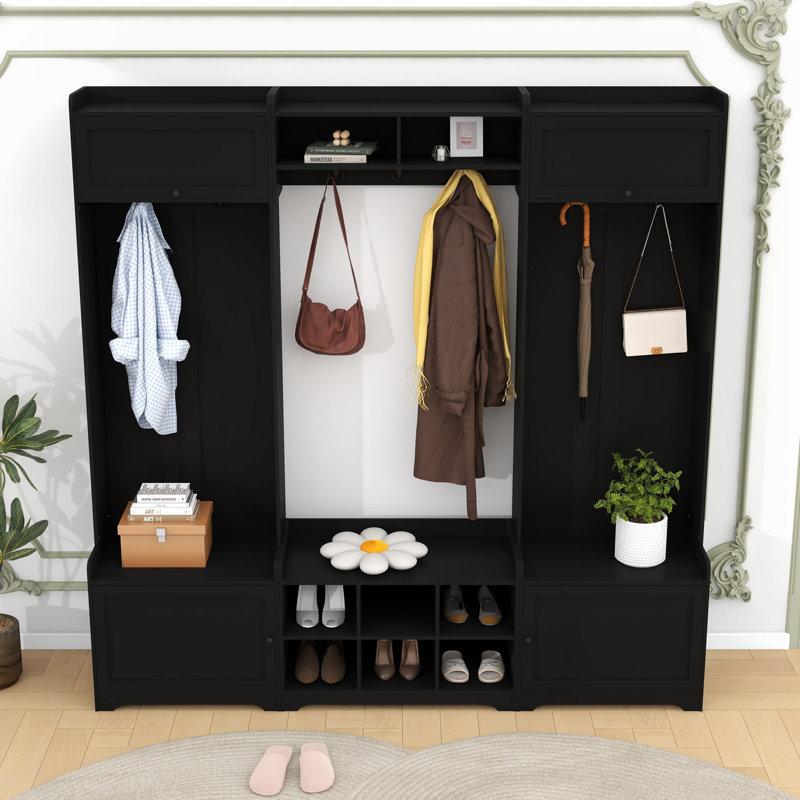 Modern Hall Tree with Storage Cabinets, Adjustable Shelves, Hooks, and Bench Seating for Entryway, Black