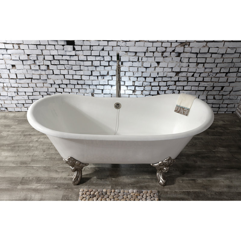 Kingston Brass Aqua Eden 67-Inch Cast Iron Oval Double Slipper Clawfoot Tub (No Faucet Drillings), Brushed Nickel