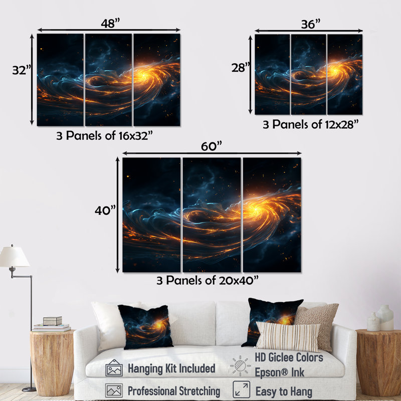 «Blue and Orange Cosmic Nebula II», art mural de la planète espace, H 40 po x l 61 po, Toile tendue