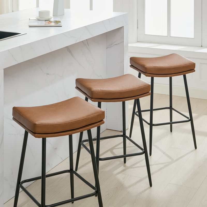 26" Faux Leather Upholstered Backless Saddle Bar Stool with Metal Frame, Brown, 3
