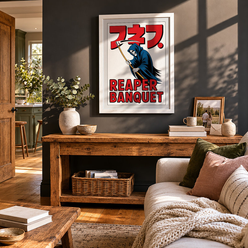 Reaper Banquet Retro - Framed Print, A2 - 59.4 x 42.0 cm, White