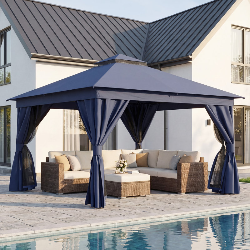 Yardgrace 12'x12' Soft-top Double-Roofed Steel Patio Gazebo, Navy
