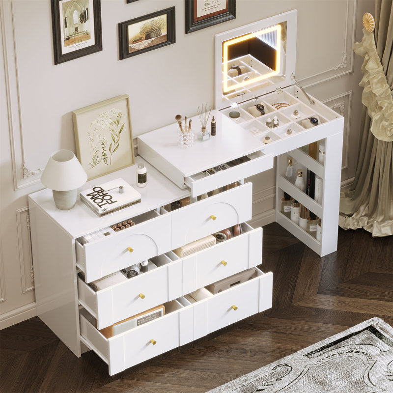 Bureau de meuble-lavabo avec miroir et lumières, coiffeuse de maquillage avec plateau rabattable et rangement 7 tiroirs, 9 compartiments, 3 tablettes, 3 tables de maquillage à modes de couleurs réglables pour la chambre à coucher