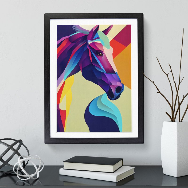 XV1022-1595X Colourful Horse No.1 Abstract 1 Piece Single Picture Frame Wall Art, 64cm H x 46cm W, Black